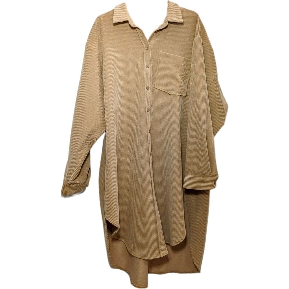 Beivy Camel Corduroy Long Sleeve Mini Shirt Dress - 2X